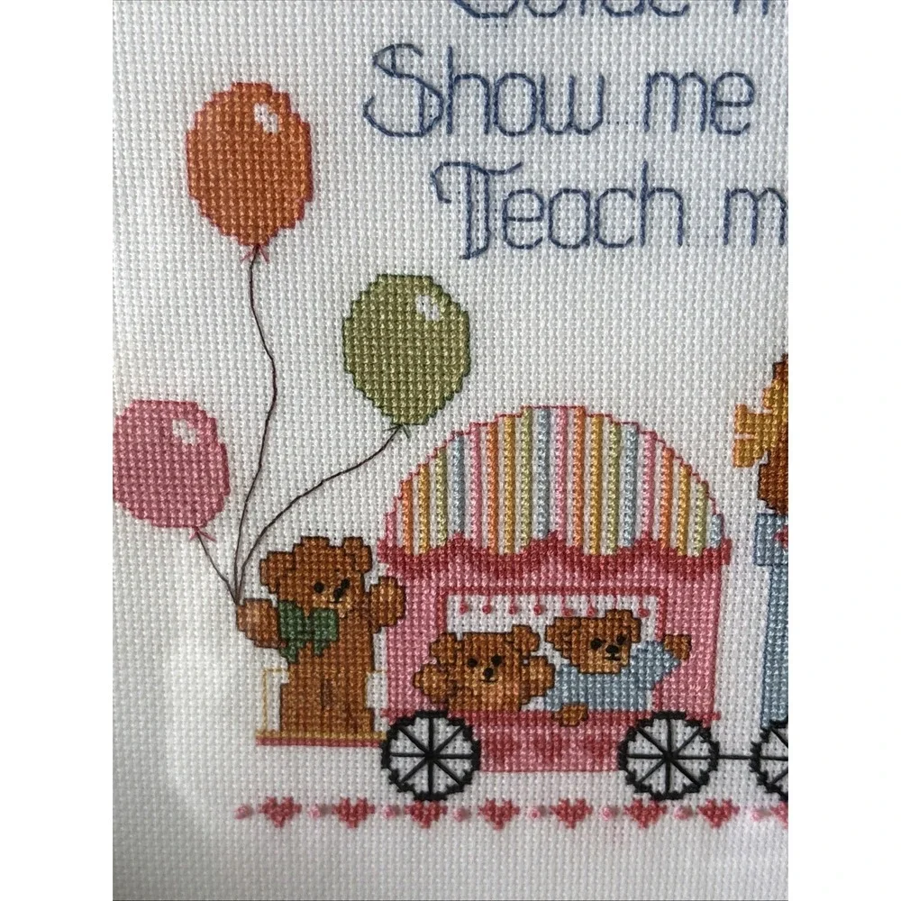 Handmade NeedlePoint Teddy Bear Train Nursery Prayer Wood Framed Wall Art 16x13